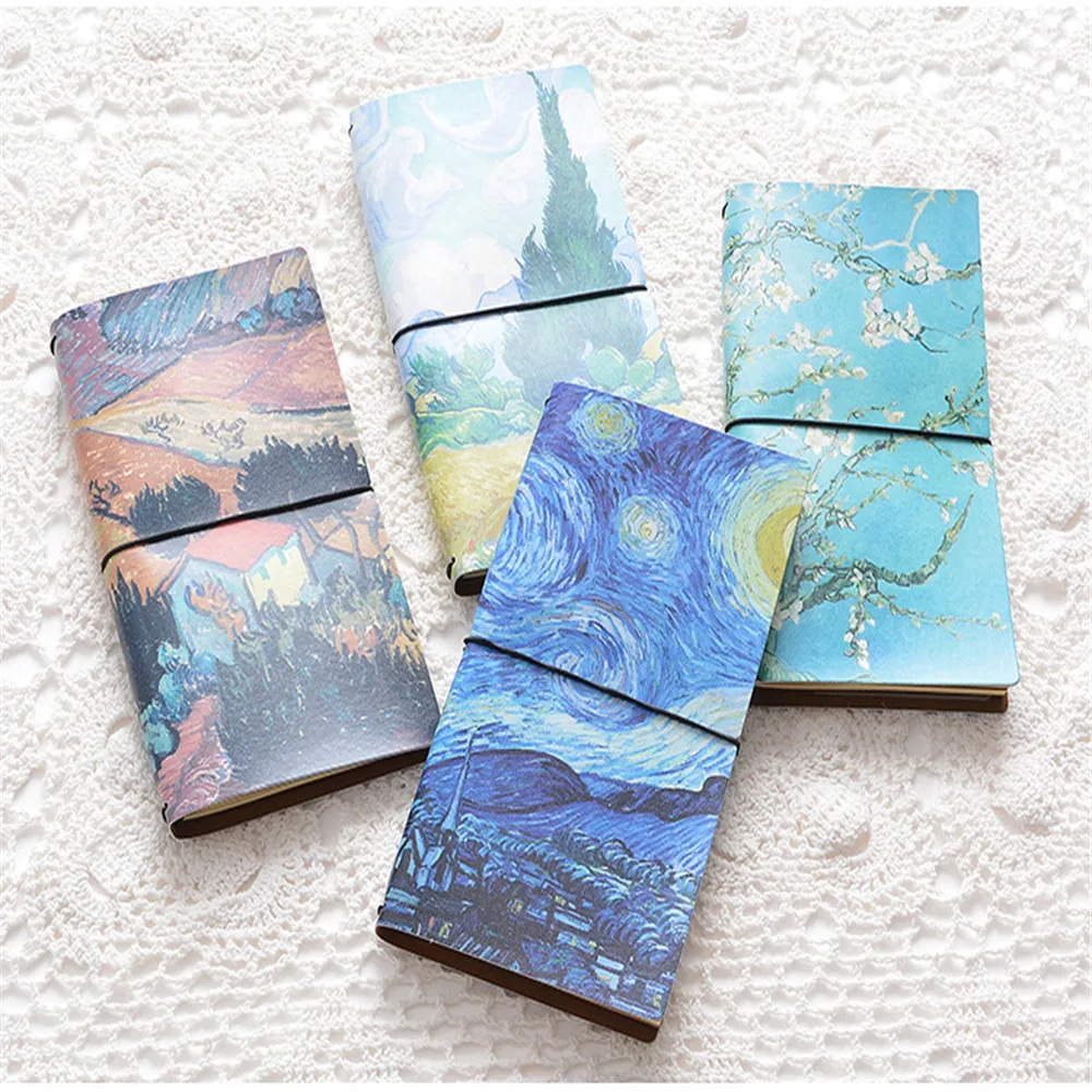 

PU kawaii notebook planner 2020 van gogh mini carnet 60 sheets notes diary quaderno sketchbook for drawing leather journal