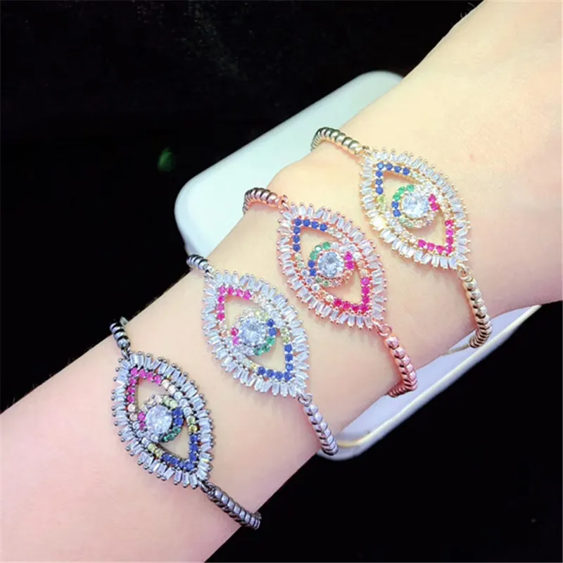 10 шт./лот,, латунный браслет, проложенный радугой, кубический цирконий, маркиза, Дурной глаз, регулируемый браслет, Модные женские ювелирные изделия