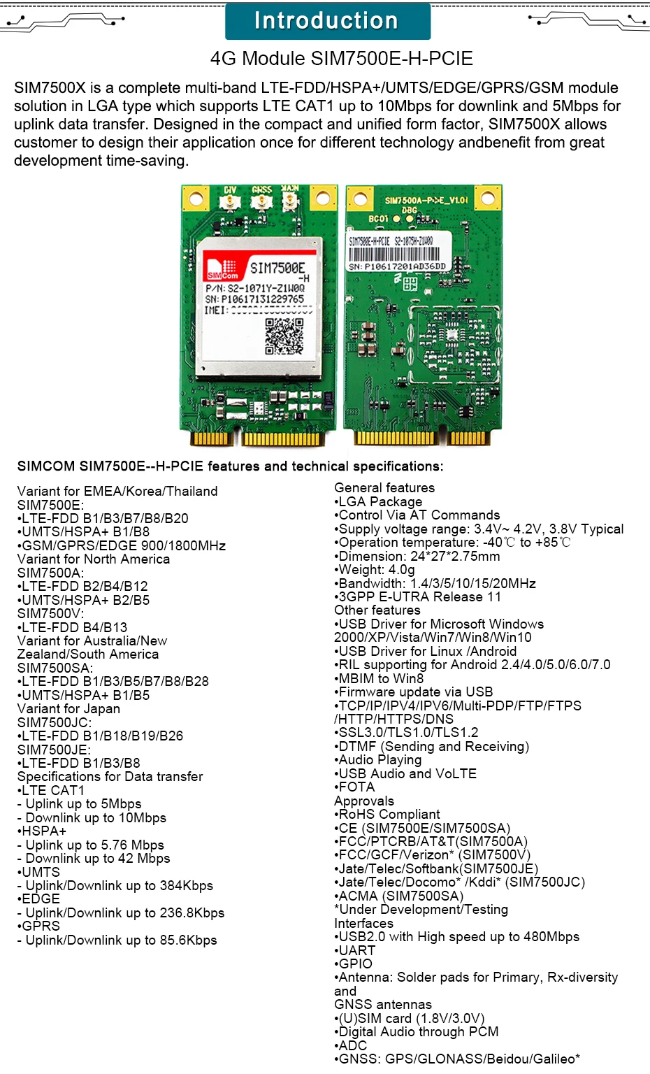 SIM7500E H многодиапазонный LTE модуль PCIe, SIM7500E-H-PCIE