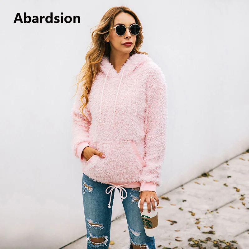 Abardsion/ зимние толстовки из искусственного меха, женская теплая толстовка, пуловер, повседневный розовый, коричневый, длинный рукав, толстовка с капюшоном