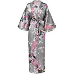 Изысканный цветочный принт, женский халат, кимоно, элегантный серый длинный банный халат, атласный мягкий материал, Свадебный халат для