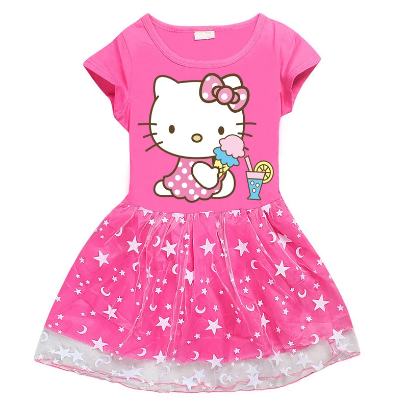 Hallo Kitty Kinder kleidung Reine Baumwolle Mode Prinzessin Rock Mädchen Cartoon Gedruckt Netto Garn Kurzarm Plissee Kleid