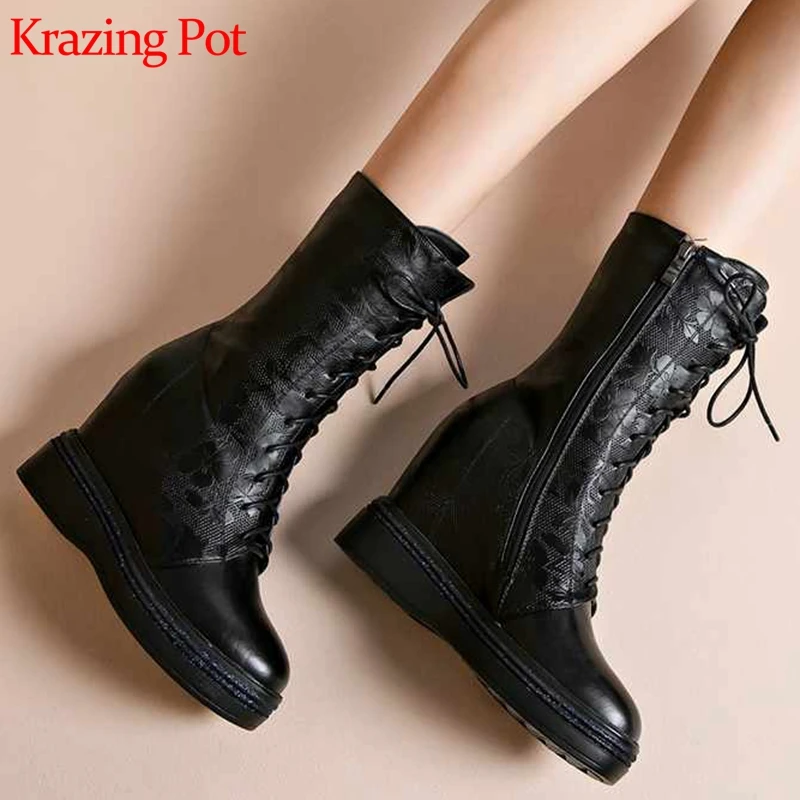 Krazing pot/модные ботинки до середины икры из коровьей кожи с круглым носком, на танкетке, на очень высоком каблуке, со шнуровкой и цветочным принтом; L11