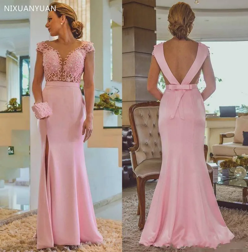Roze Mermaid Side Split Lace Applique Kralen Backless Boog Lange Bruiloft Gast Prom Avondjurk 2020 Moeder van De Bruid jurken Roze Mermaid Side Split Lace Applique Kralen Backless Boog Lange Bruiloft Gast Prom Avondjurk 2020 Moeder van De Bruid jurken