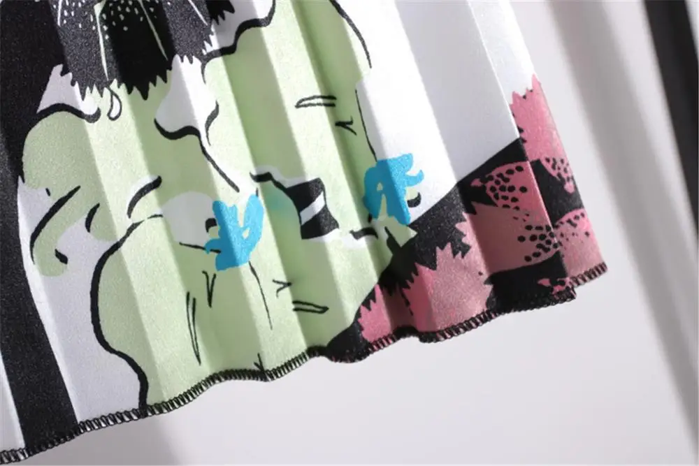 Long Skirt Female Printed Cartoon Maxi Skirt High Elasticity Pleated Cartoon Pattern Fashion Casual Lady High Waist Skirts