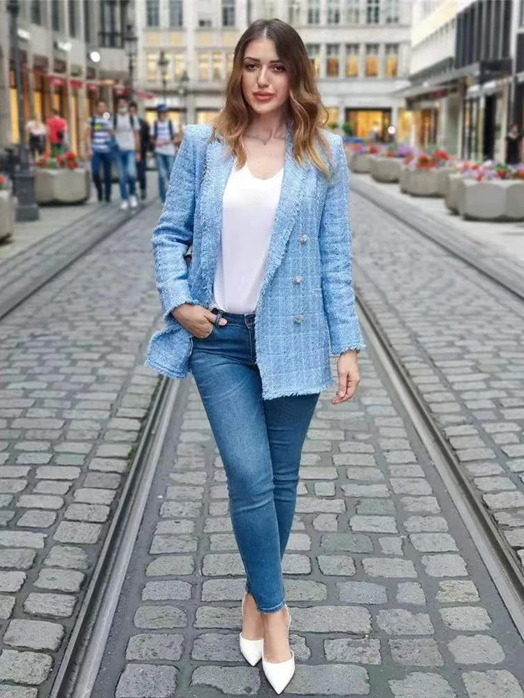 Chaqueta azul de Tweed para mujer, Blazer holgado Vintage, moda informal, trajes de calle para chica Chic, 2021 AliExpress