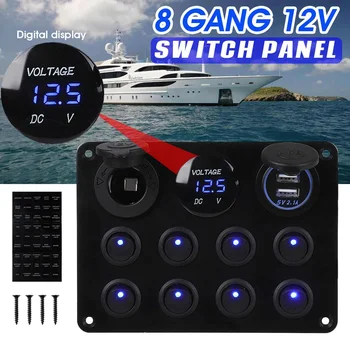 

8 Gang Car Marine Boat LED Rocker Switch Panel Waterproof Circuit Digital Voltmeter Dual USB Port 12V Outlet For Camper Van RV
