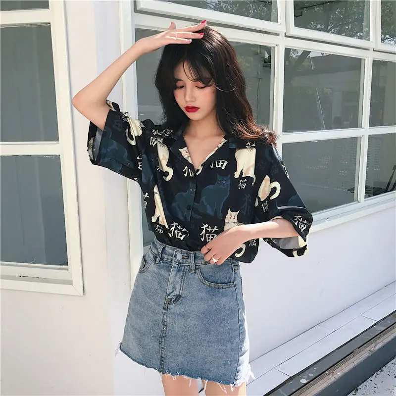 Blouses Women Vintage Cat Printed Korean Basic Loose Chic Design Ladies Shirts Daily College Street All-match Womens Blouse Top