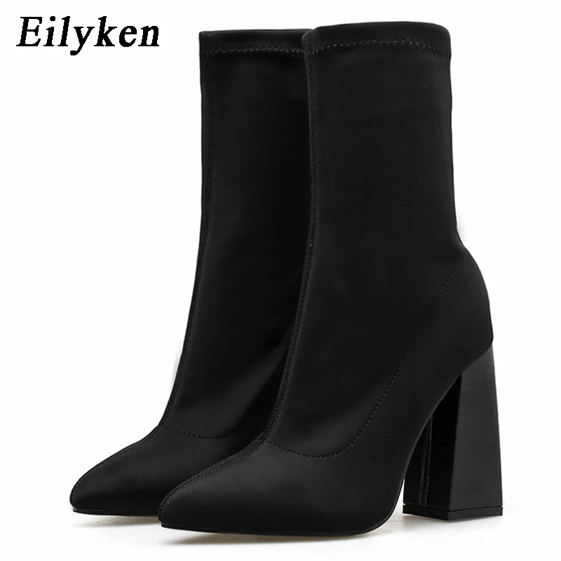 

EilyKen Women Socks Boots Fashion Pointed Toe Stretch Fabric Ankle Boots Autumn Winter Thin Heel Comfortable Women Boots