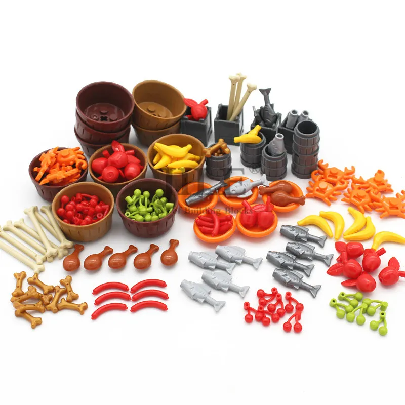 

Moc Food Building Blocks Fruit Apple Banana Frish Dish Drumstick Sausage Bone DIY Bricks Bulk Set Compatible with City View Toys
