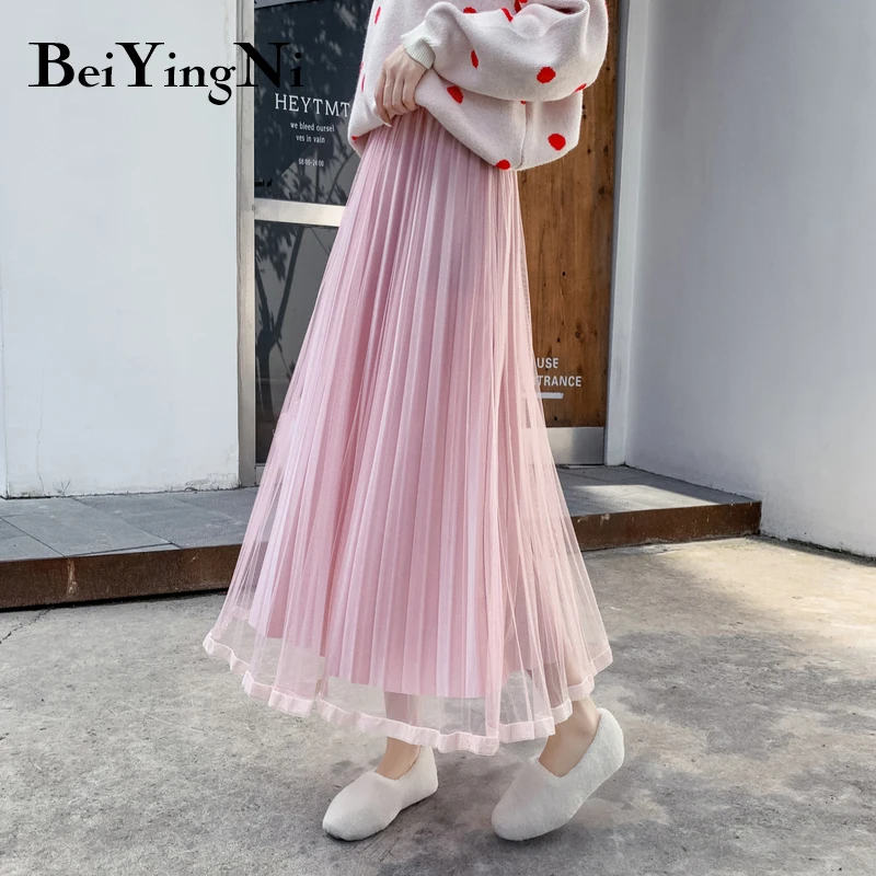 Beiyingni осенние зимние юбки женские золотые бархатные сетчатые Лоскутные шикарные элегантные Kawaii однотонная плиссированная юбка цвета Kpop миди юбки