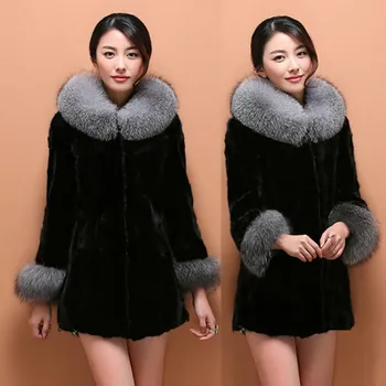 

New autumn and winter imitation fur mink mid-length mink silver fox fur collar European and American fashion warm female jacket
