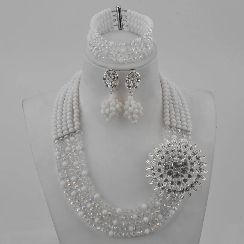 Красивый белый прозрачный кристалл бисерные ожерелья костюм нигерийские Свадебные африканские бусы Набор украшений для женщин 5SZK007 - Окраска металла: White Transparent