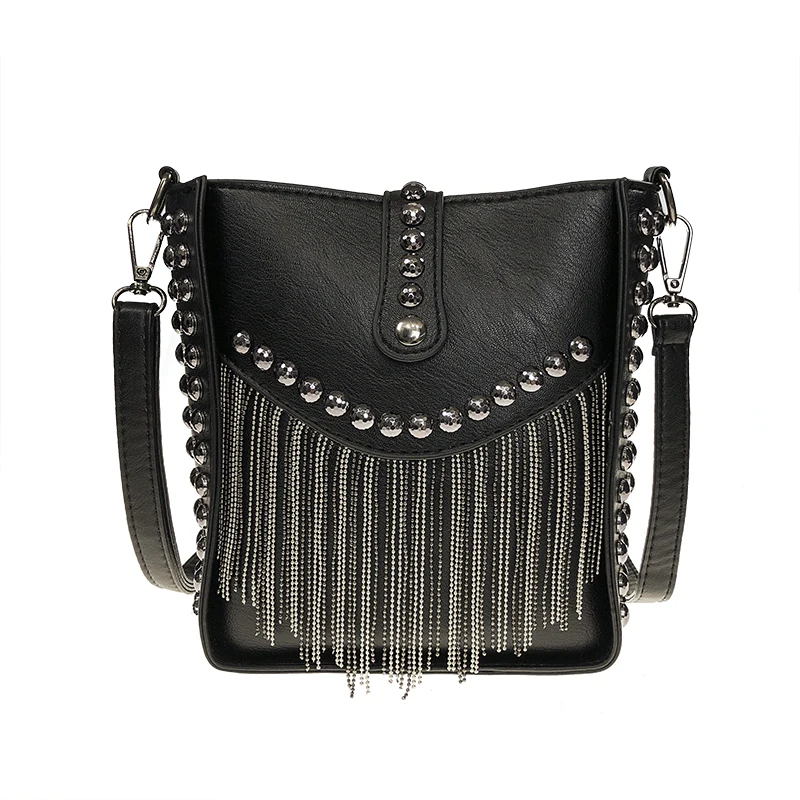 Punk Fashion Crossbody Shoulder Bags Rivets Tassels Women Handbag Rock Small Messenger Bag for Girls PU Leather High Quality