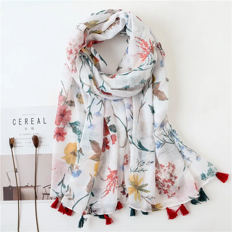 Spring Scarves For Women Shawls And Wraps Cotton Print Tassels Scarf 110110Cm