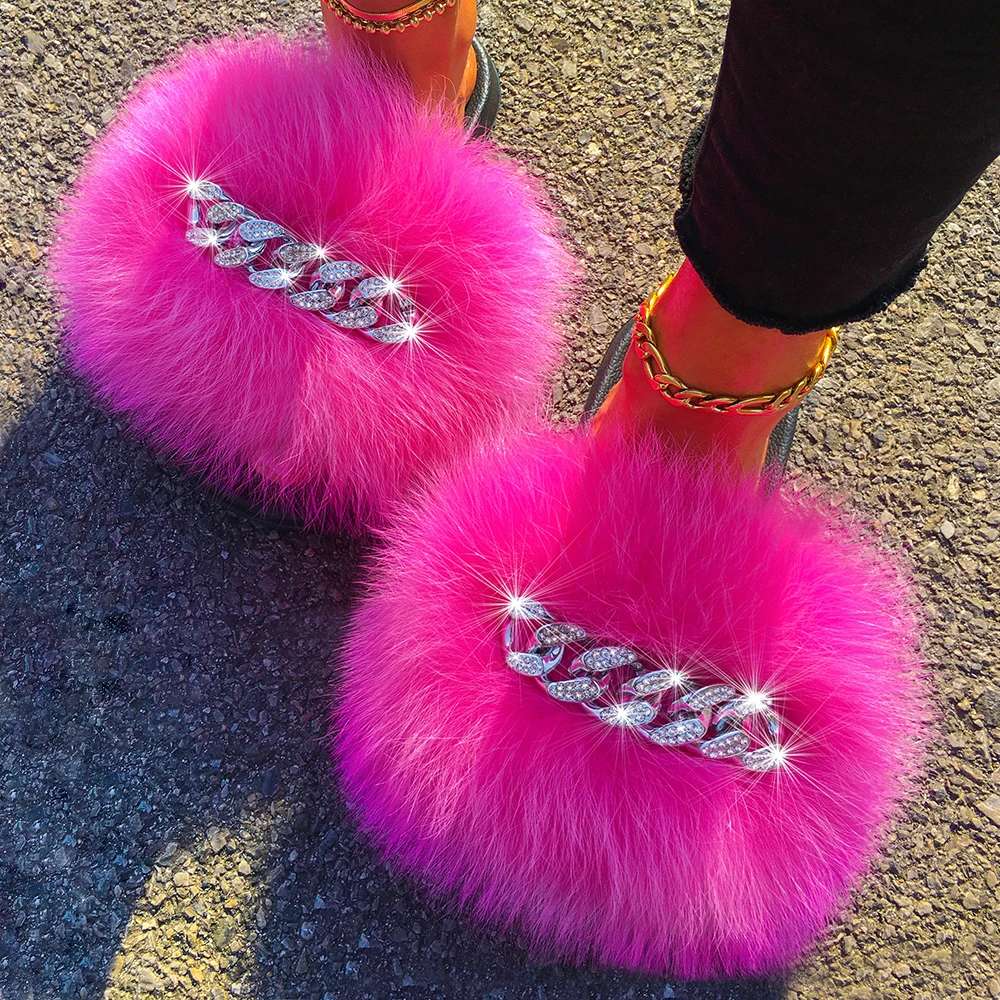 Pink Fox Fur Slides Real Fur Slides Fur Slippers Fluffy 