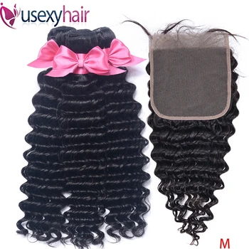

Deep Wave Human Hair Bundles With Closure 3 or 4 pcs/lot Brazilian Hair Weave Bundles With Closure Remy Hair Extension