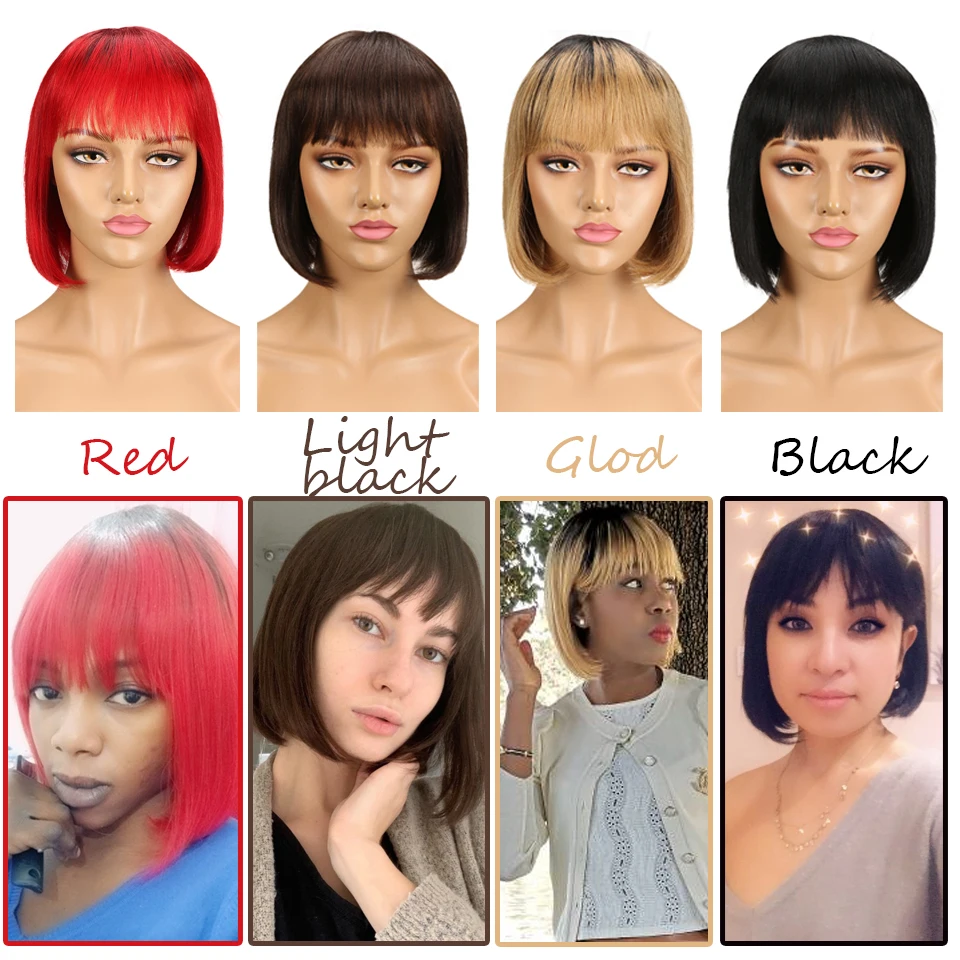 Sleek Short cut Bob Wig Remy Human Hair Wigs With Bangs Brazilian Short Blonde Red Blue Pixie Cut Wig For Women Fast USA France
