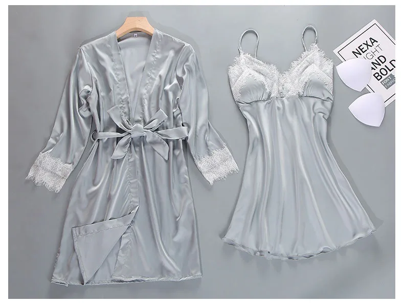 Queenral 2PCS Sexy Women's Robe Gown Sets Night Woman Nightgown Summer Nightdress Lace Satin Sleepwear Pajamas With Chest Pad   2 (1)