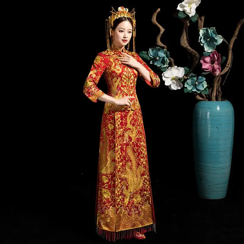 Элегантное китайское свадебное платье Ципао Cheongsam в винтажном стиле, плиссированное вечернее платье, изысканная вышивка, дракон, кисточка, азиатское свадебное платье - Цвет: Красный