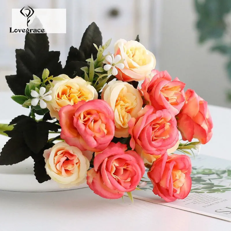 European Rose 12 Head Oil Painting Bicolor Rose Silk Bouquet Peony Artificial Flowers Bride Wedding Home Decoration Fake Flowers