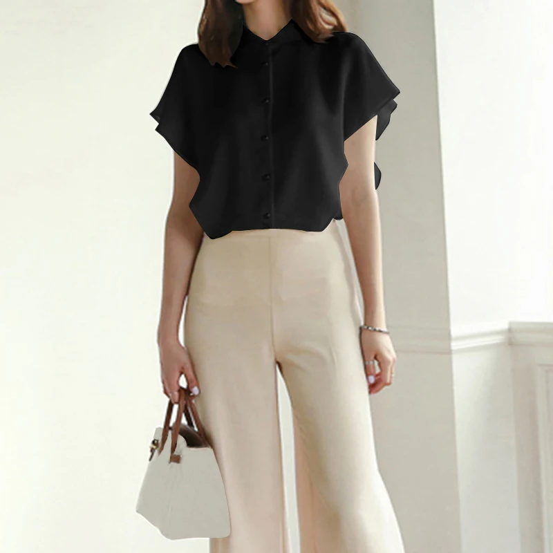 Celmia Plus Size Ruffles Shirts Elegant Women White Chiffon Blouse Summer Short Sleeve Office Tops Buttons Casual Loose Blusas 7