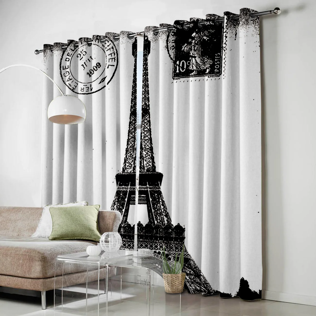 Retro Stamps Paris Tower Black White Window Treatments Curtains Valance Living Room Bedroom Indoor Decor Window Treatment