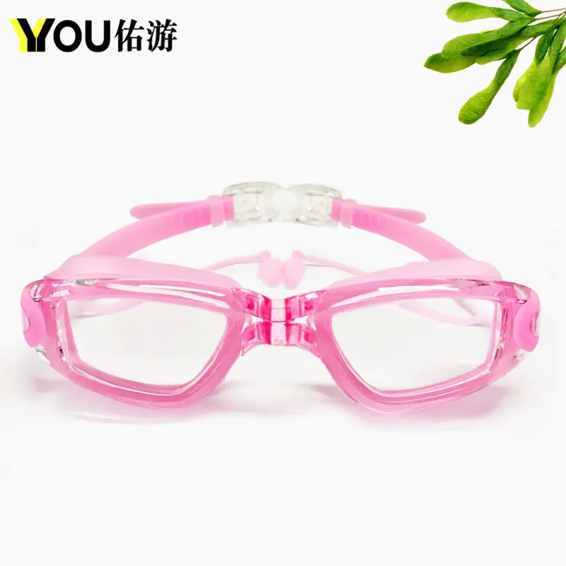 Transparent Pink Очки для плавания для близорукости, затычки для ушей, профессиональные, взрослые, силиконовые плавающие кепки, очки для бассейна, анти-туман, для мужчин и женщин, оптические, водонепроницаемые очки - Цвет: Transparent Pink