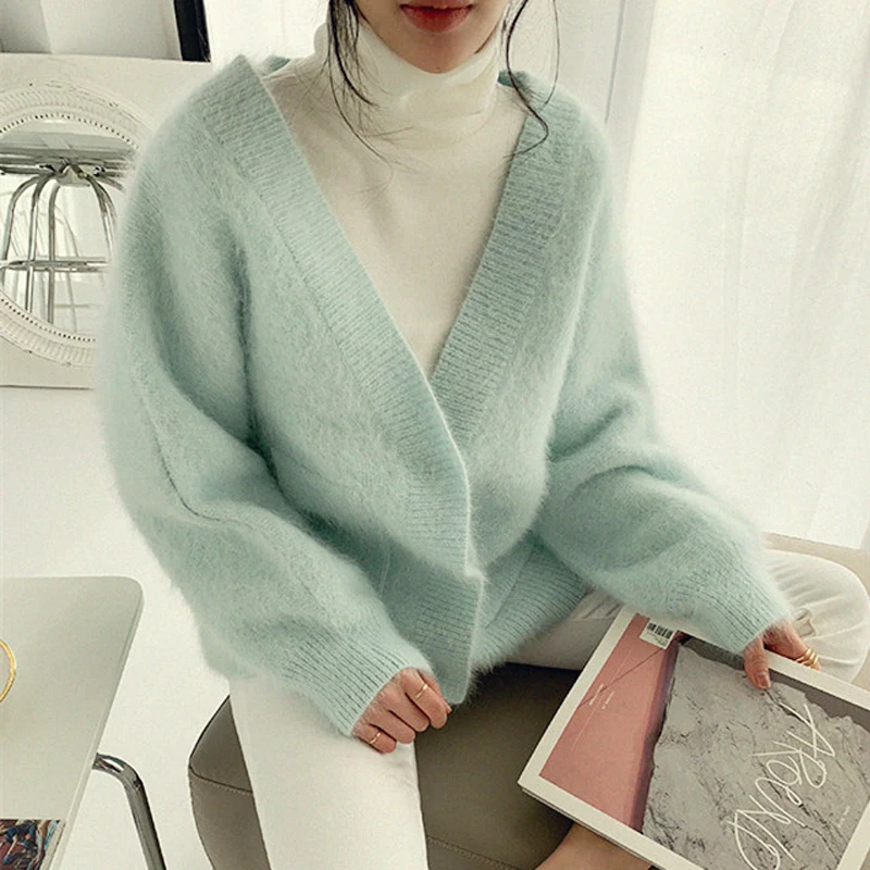 Korean Fashion Autumn Winter Mohair Cardigan Lazy 2019 Chic Cashmere Single Breasted Knitting Loose Soft Warm Sweater Coat |
