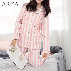 Arya/комплект зимней хлопковой пижамы в полоску, женские пижамы, теплые пижамы с длинными рукавами, милая Домашняя одежда, домашний костюм