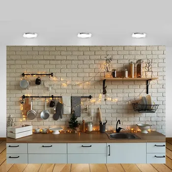 

Mehofond Christmas Kitchen Backdrop White Cupboard Brick Wall Shiny Light Photography Backgrounds Photo Studio Decorations Props
