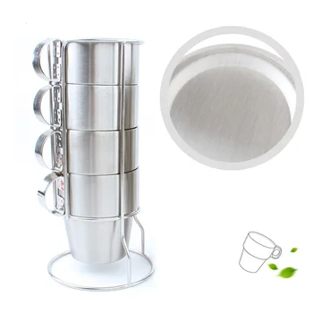 

Reusable Double Layer Anti-Scald Stainless Steel Stackable Water Coffee Cup Set With Cup Holder Stand Cups Set Easy To Clean