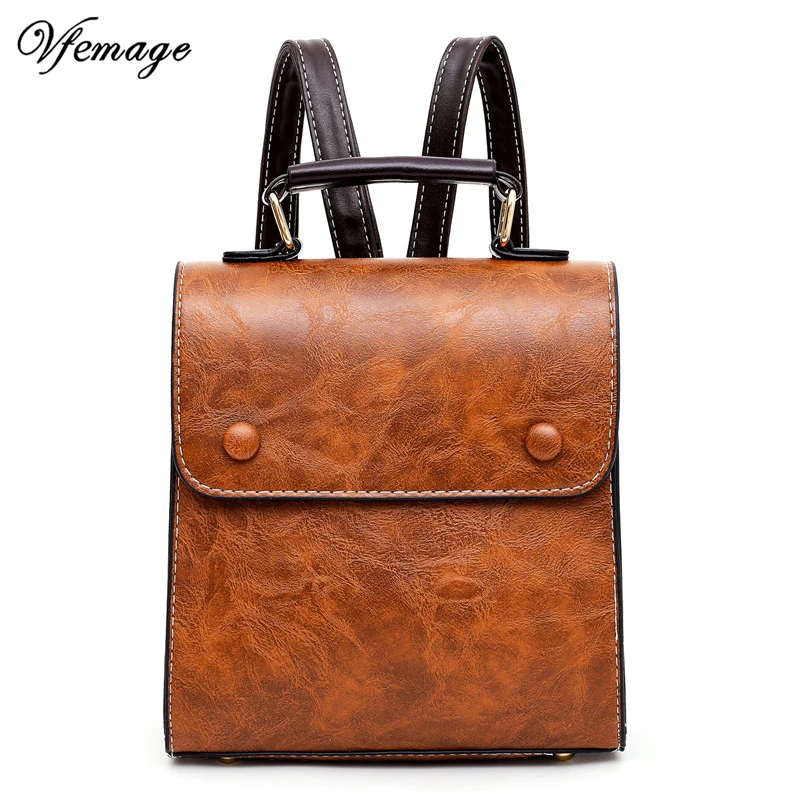 

Vfemage Women Backpack Preepy Style School Bags For Teenager Girls Female Solid Backbags PU Leather Backpack Sac A Dos Mochila