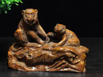 

wedding decoration Old China Boxwood Wood Carved wood carving Big monkey holding hands little monkey statue