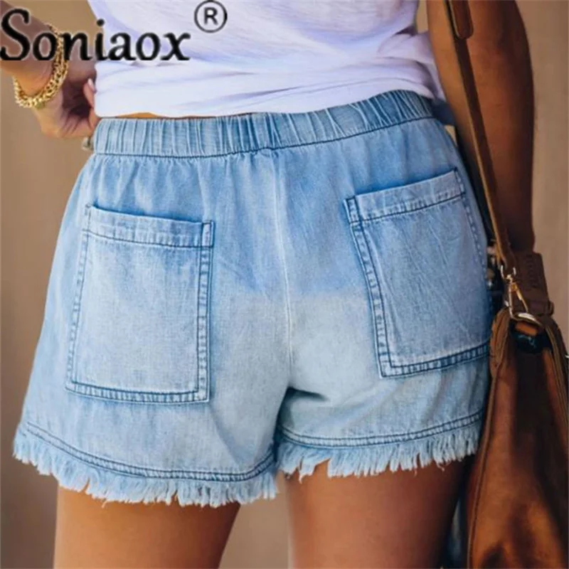 Women High Waist Lace Up Short Jeans Summer Fashion Sexy Ripped Denim Shorts Casual Elastic Waist Vintage Thin Shorts Streetwear