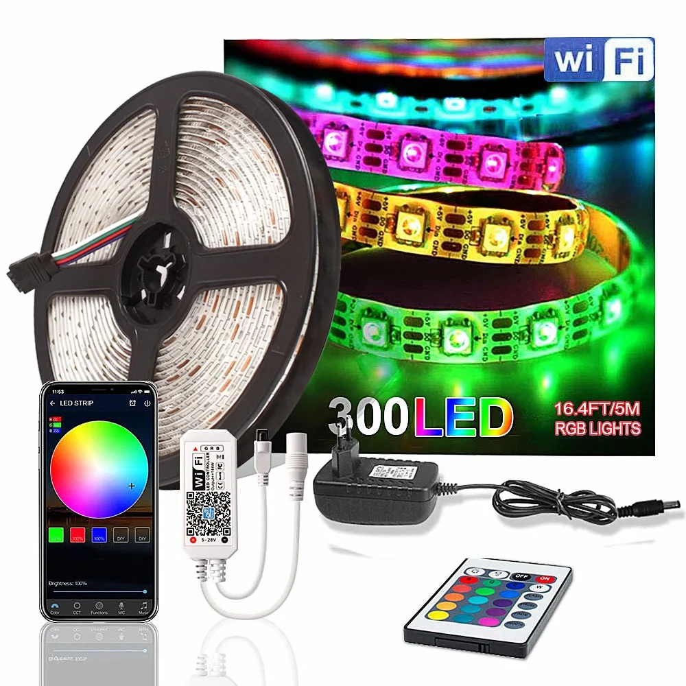 WiFi 5050 Светодиодная лента DC 12 В Водонепроницаемая гибкая RGB Tira светодиодный светильник Диодная лента 60 светодиодный s/m 5 м IR WiFi контроллер адаптер питания