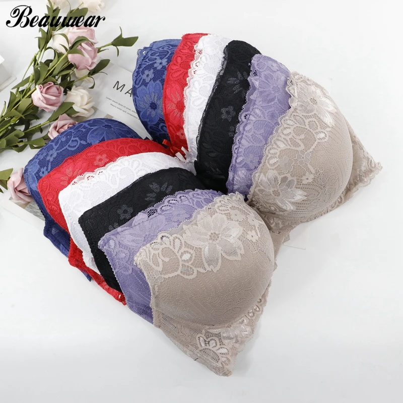 Beauwear сексуальный бюстгальтер большой размер полный охват бюстгальтеры не-мягкий пуш-ап бюстгальтер кружевное белье в цветочек 42 44 46 48 50 52 DD E чашка