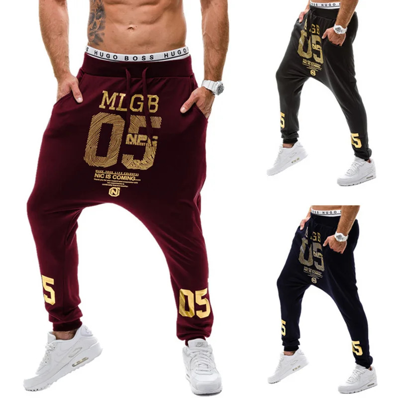 NEW 2021 Spring autumn Casual low crotch Hip Hop beam foot leg pants streetwear Street dance Gold Number Printed Trousers Men