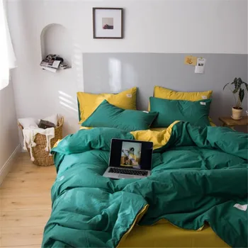 

Nordic Style Bed Linen Washed Cotton Four Seasons Bedding Set for Home Beds Sheet 4pcs Solid Color Green and Yellow