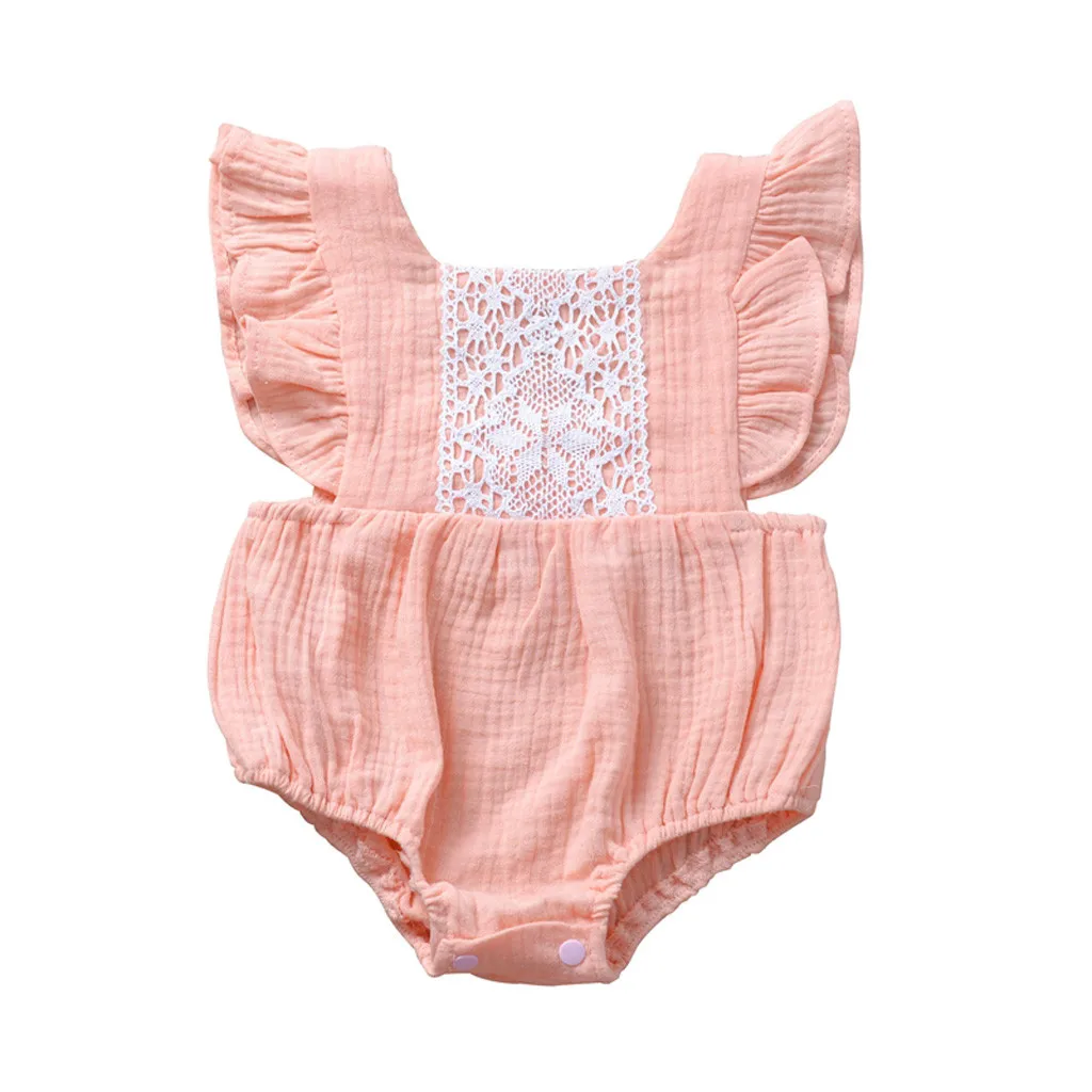 Хлопковый комбинезон с кружевными оборками; Одежда для новорожденных девочек; сезон весна-лето; повседневный комбинезон для маленьких девочек; модные боди - Цвет: Pink