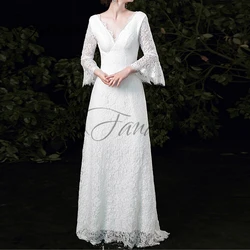 V-Neck A-Line Lace Wedding Dresses Backless Flare Sleeve Sweep Train Classic Bridal Gown robe de mariée vestidos de novia