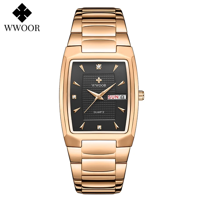 Watches Men WWOOR Brand Casual Simple Men's Quartz Clock Rose Gold Square Waterproof Week Display Wristwatches Relogio Masculino 