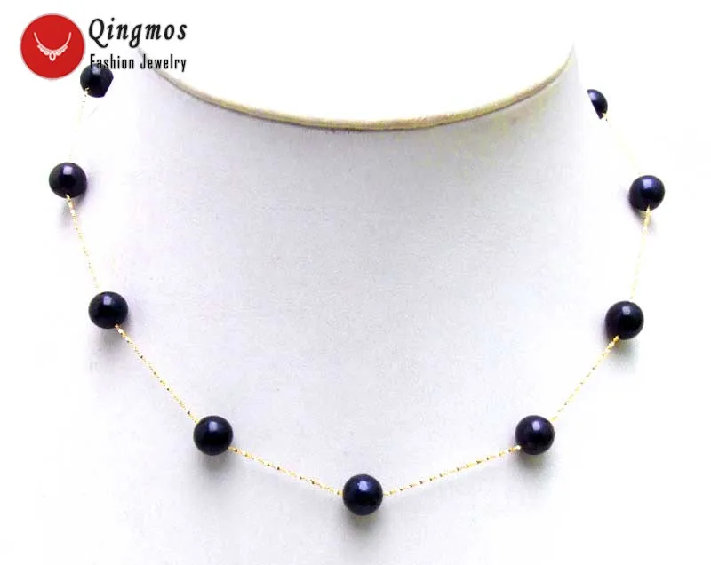 

Qingmos Natural Black Pearl Necklace for Women with 14K Gold Chain Floating 6-7mm AAA Round Pearl Chokers 16" Gold Clasp nec5894