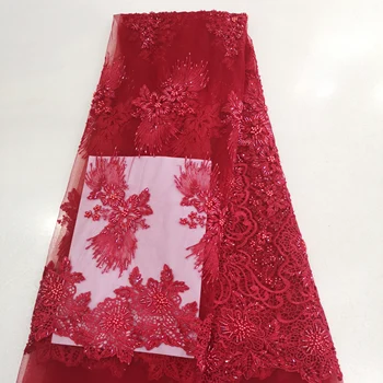 

red color lace new design high class handmade beads sequins embroidery lace african party first choose high quality style