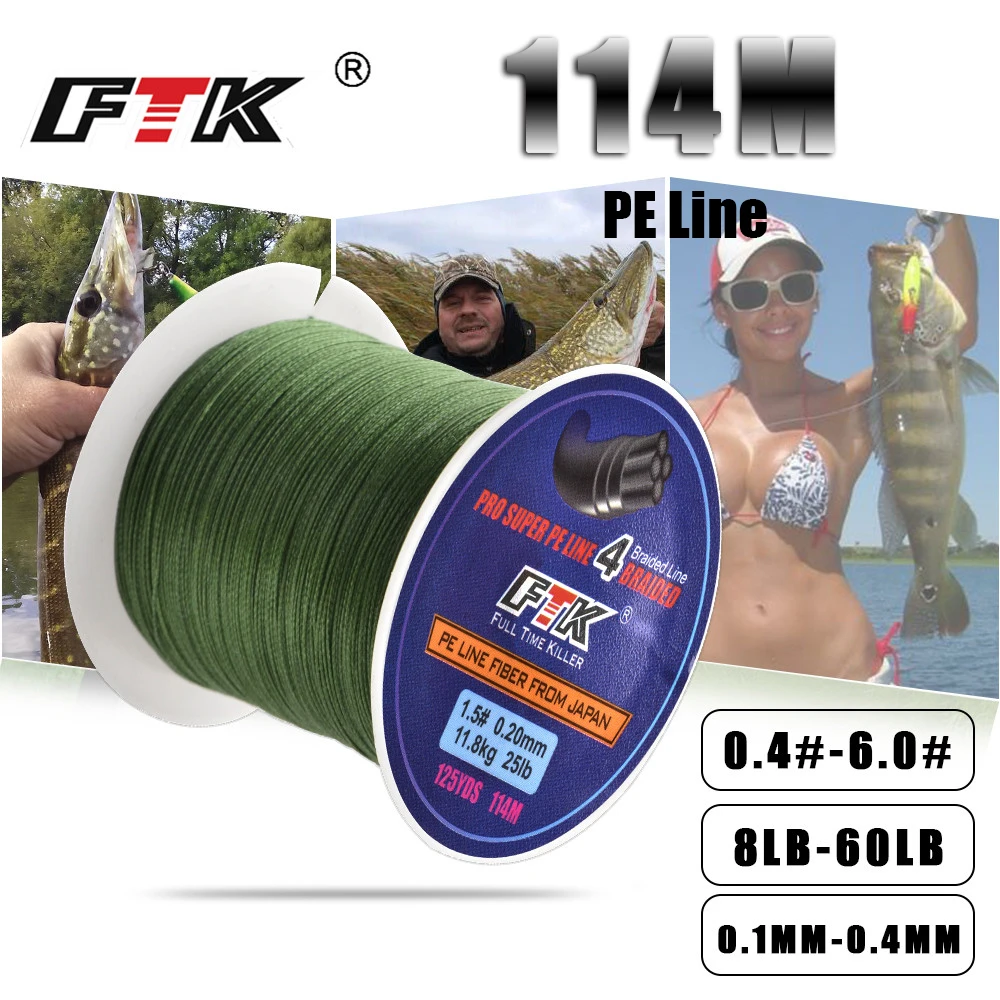 FTK 114M Braided Wire PE Braided 0.4#-6.0# Code 4 Strands 8-60LB PE Braided 0.1-0.4mm Multifilament Fishing Line for Saltwater FTK 114M Braided Wire PE Braided 0.4#-6.0# Code 4 Strands 8-60LB PE Braided 0.1-0.4mm Multifilament Fishing Line for Saltwater