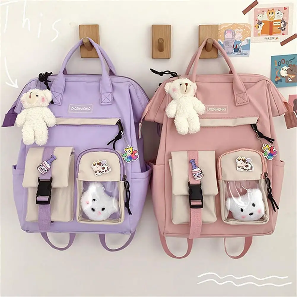 2021 Pink Backpack Women Waterproof Candy Colors Backpacks Kawaii Backpack With Kawaii Pin Teenage Girl Cute Travel Rucksack