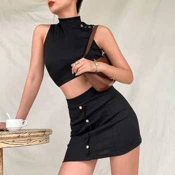 

ZKYZWX Sexy Black Knit 2 Piece Set Women 2020 Summer Clothes Crop Top and Mini Skirt Suits Two Piece Club Outfits Matching Sets