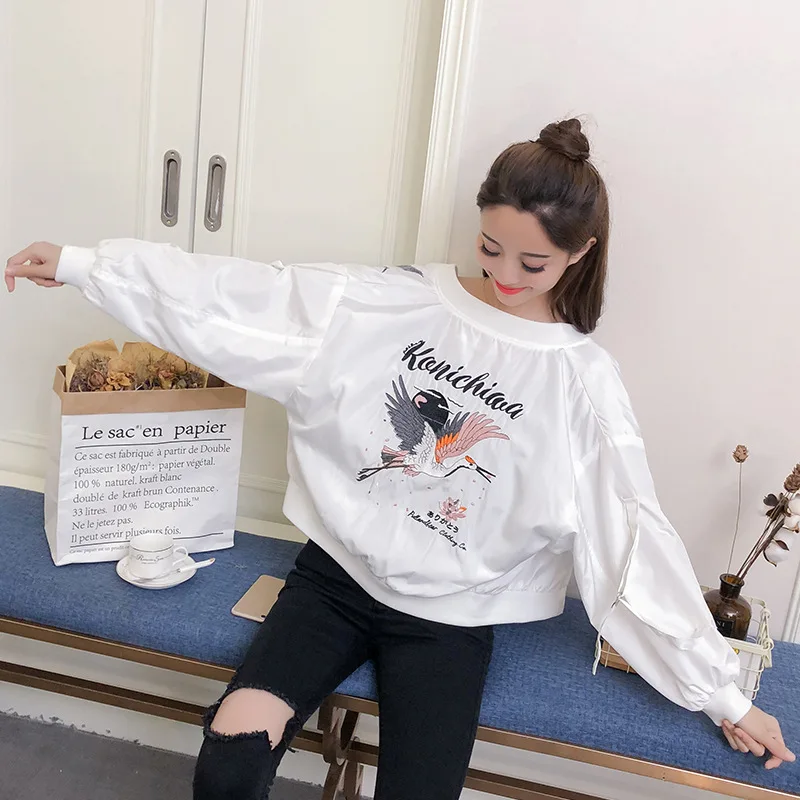

Spring Summer Thin Section Coat Women's, White Embroidered Baseball Uniform Spring And Autumn 2019 Korean-style Versatile Short