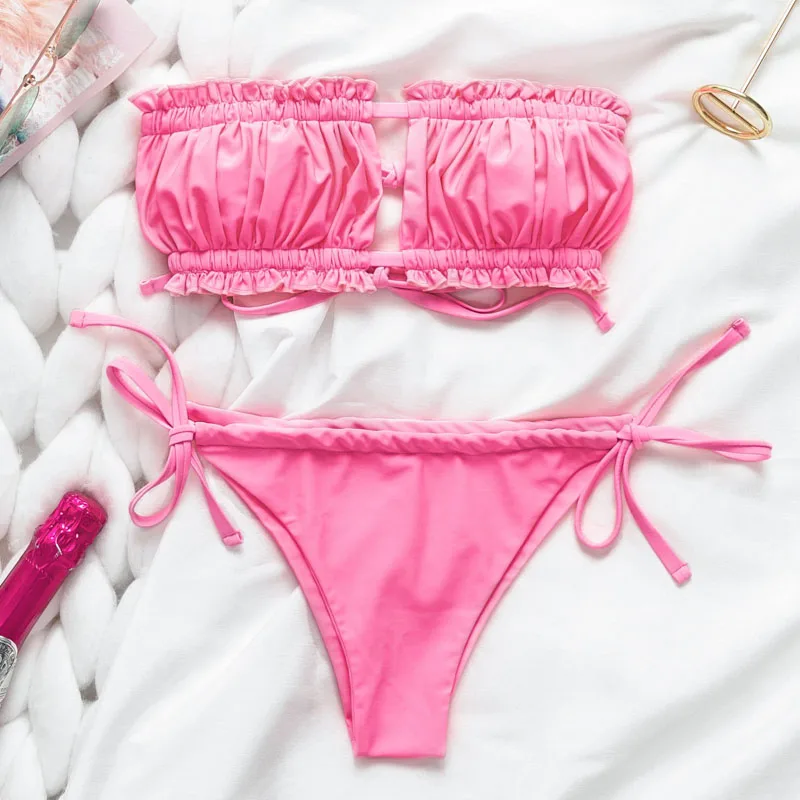 2 Peachtan Sexy pink swimwear women bathing suit Bandeau bikinis mujer Micro swimsuit female Push up two-piece suit summer - Color: 2