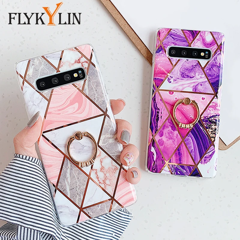 

FLYKYLIN Ring Stand Marble Case For Samsung Galaxy S9 S10 Plus S10e S8 + Back Cover on Soft TPU Silicone Phone Coque Shell SKin
